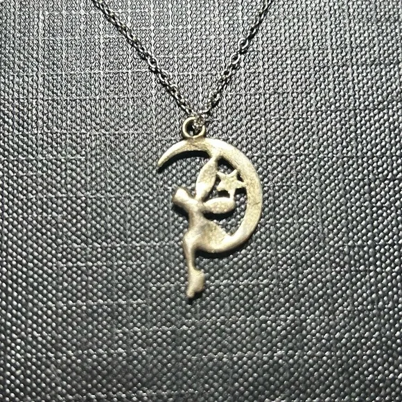 Silver Fairy Sitting on Crescent Moon Pendant Necklace - Picture 3 of 4